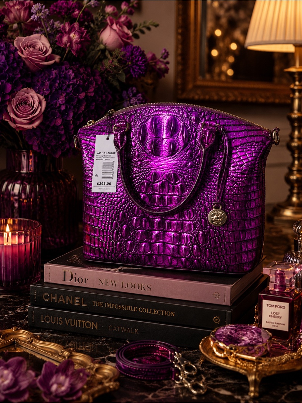 Brahmin Purple Poison Croc Embossed Genuine Leather Shimmering Satchel